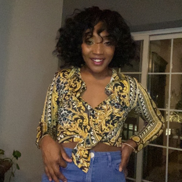 Gold, black and white button down blouse comfortable and stretchy material. - Picture 2 of 3